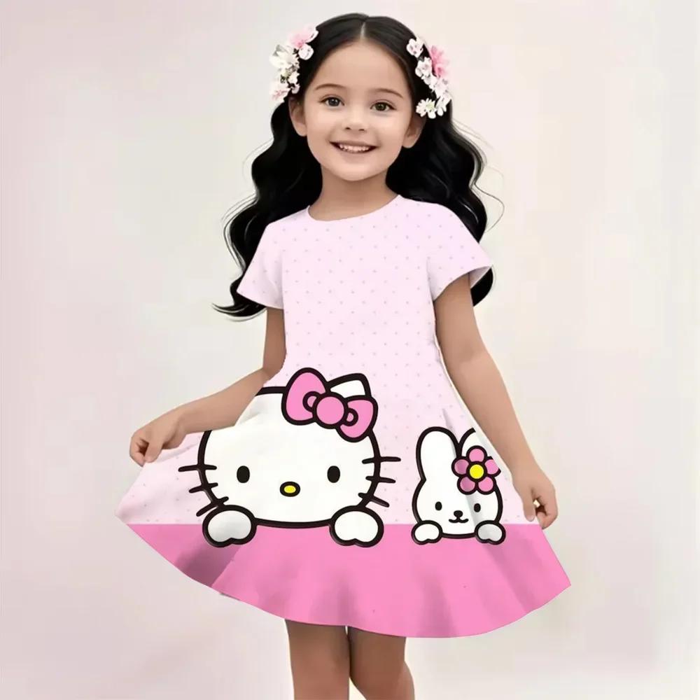 Летнее платье Sanrio Модное Мультяшное Милое Киннаморолл Хелло Китти 3D Печать Платье Детская Одежда с Коротким Рукавом Принцессы Куроми