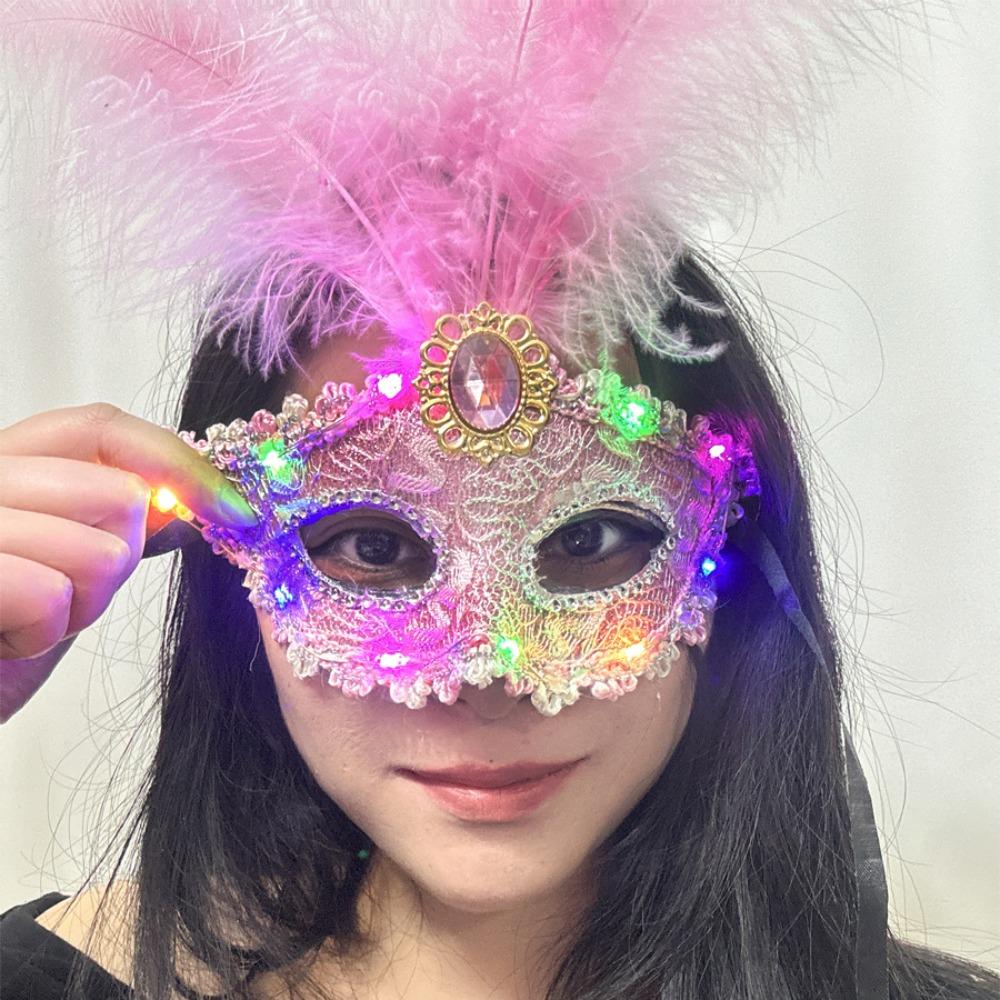 Lace LED Glowing Mask Plastic Venice Masquerade Mask Fancy Feather Mask Party Supplies
