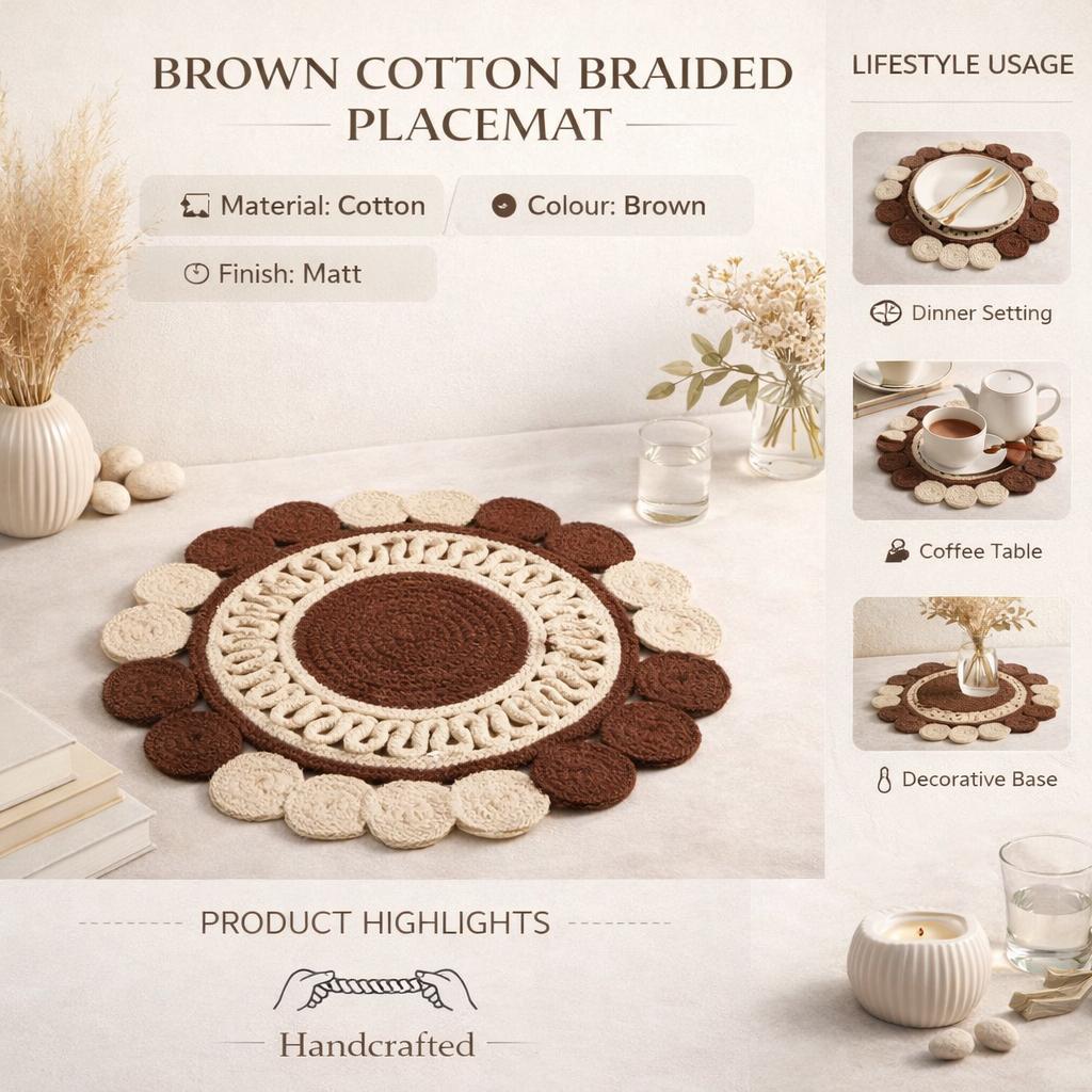 Brown Cotton Braided Placemat -Handcrafted Durable Table Mat for Dining