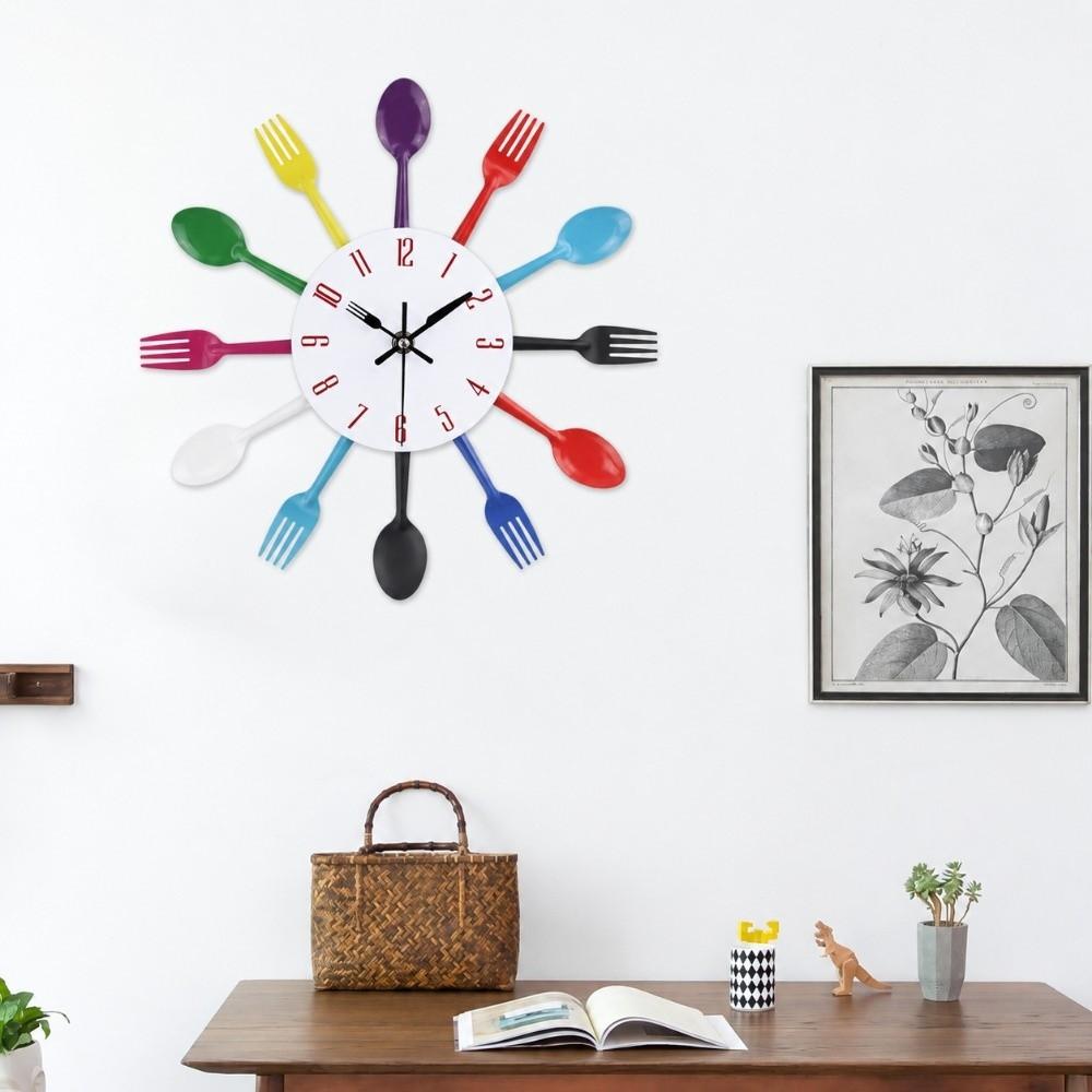 Stainless Steel Knife Fork Wall Clock 12 Inch 3D Wall Clock Magnetic Kitchen Clock Bathroom Decor