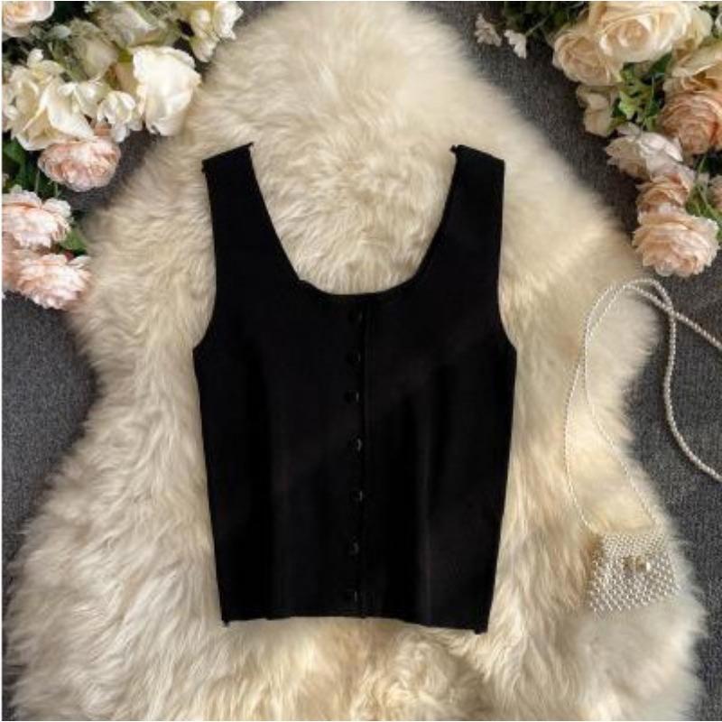 Summer New Korean Version of Simple Knit Sleeveless Jacket Buttons Carefully Machine Solid Color Short Small Vest Women