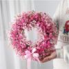 Pink Artificial Flower Wreath 12 Inch, Fake Baby’s Breath Floral Garland with Bow, Faux Gypsophila Door Wreath