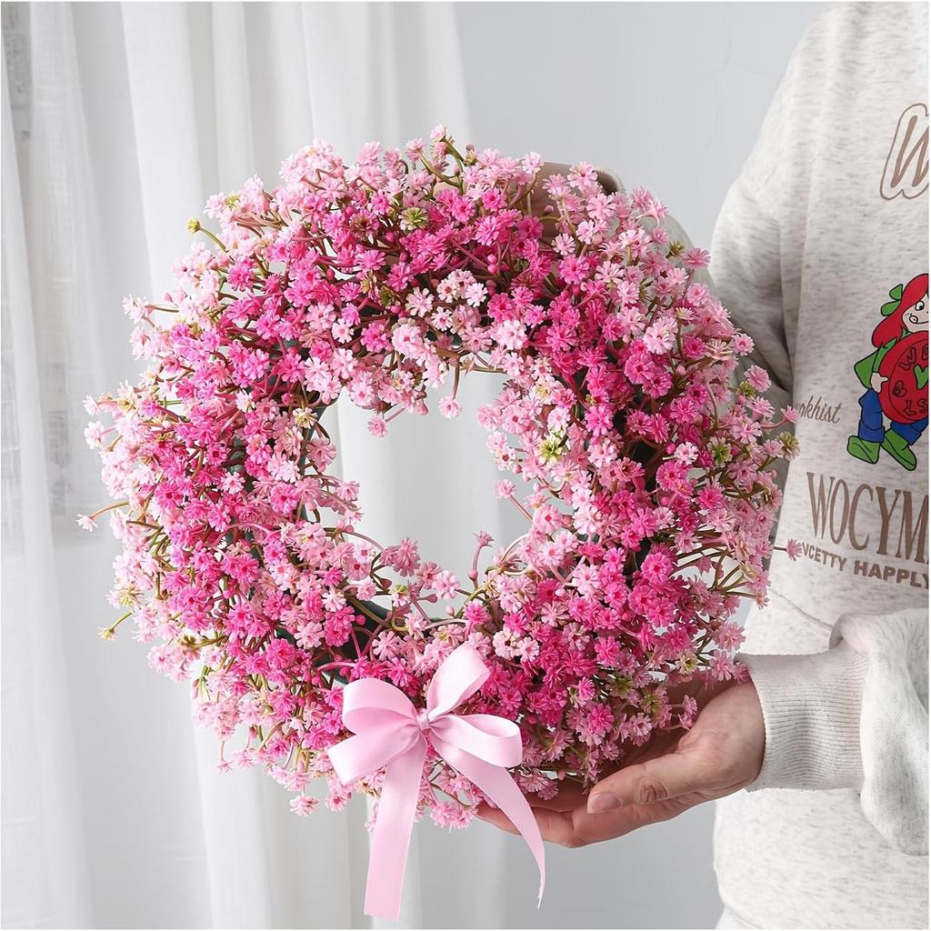 Pink Artificial Flower Wreath 12 Inch, Fake Baby’s Breath Floral Garland with Bow, Faux Gypsophila Door Wreath