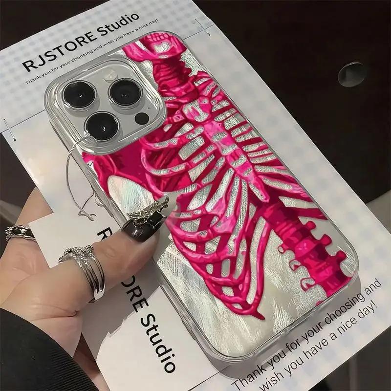 Pink Purple Skull Feather Gauze Phone Case For 16 15 14 13 12 11 iPhone Air 17 Pro Max 16e Shockproof Hard Cover
