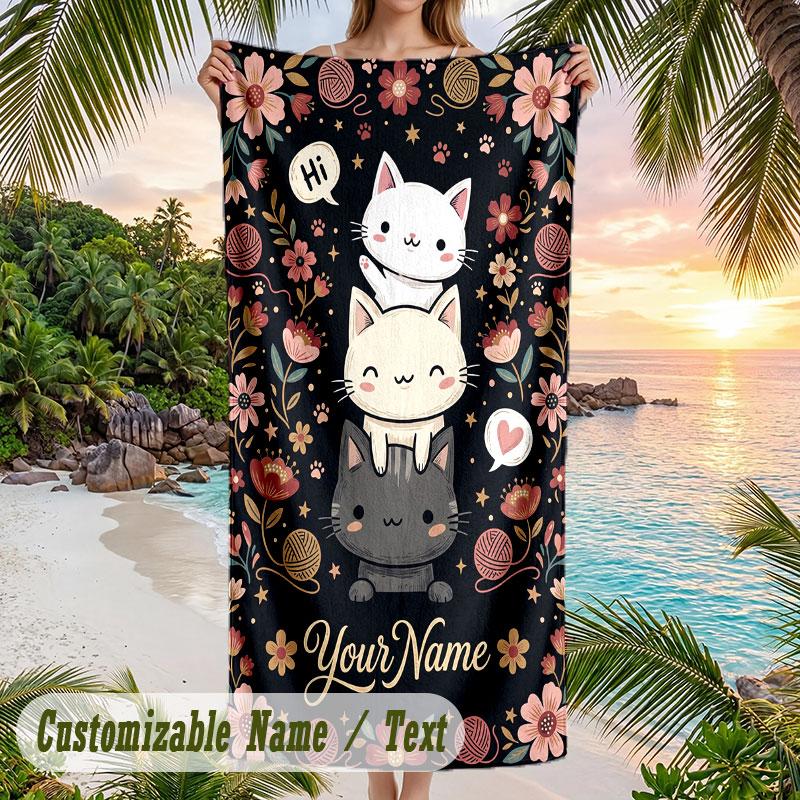 Floral Cat Portrait 1 Theme Quick Dry Beach Towel Custom Name Text Print Large Sand Resistant Towel Beach Vacation