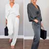 2 Pcs/Set Women Top Pants Suit V Neck Long Sleeves Cross Blouse High Waist Pleated Wide Leg Trousers Formal Commuting Outfit for Spring Summer