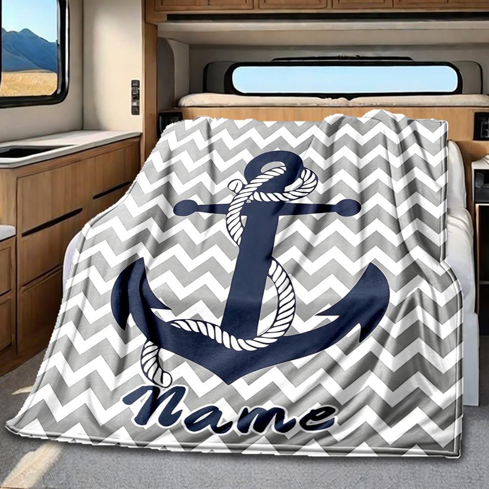 Nautical Anchor Rope Blanket Personalized Name Soft Comfortable Stylish Blanket Car Blanket Perfect For Travel Camping Outdoor Home Suitable For All
