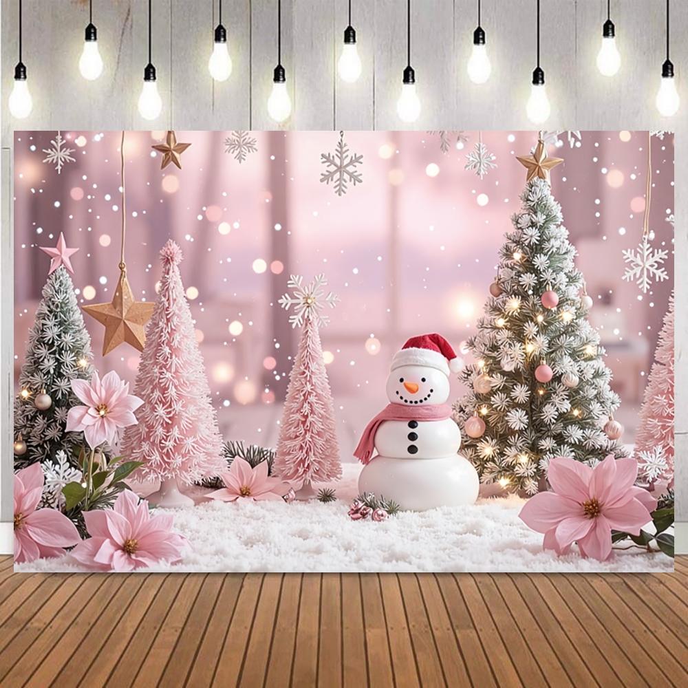 Enchanted Pink Christmas Photography Background Candy Gingerbread House Xmas Tree Snowfield Snowman Party Decor Photo Backdrop