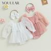 Lioraitiin 0-24M Newborn Baby Girl Romper Princess Infant Toddler Long Sleeve Tulle Jumpsuit + Bow Headband Fall Spring Outfits