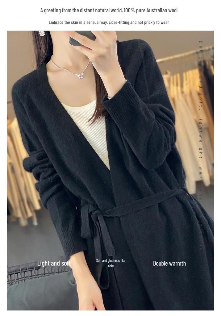 Women's Medium-Length Pure Wool Cardigan Sweater - Thickened, Loose Fit for Autumn/Winter