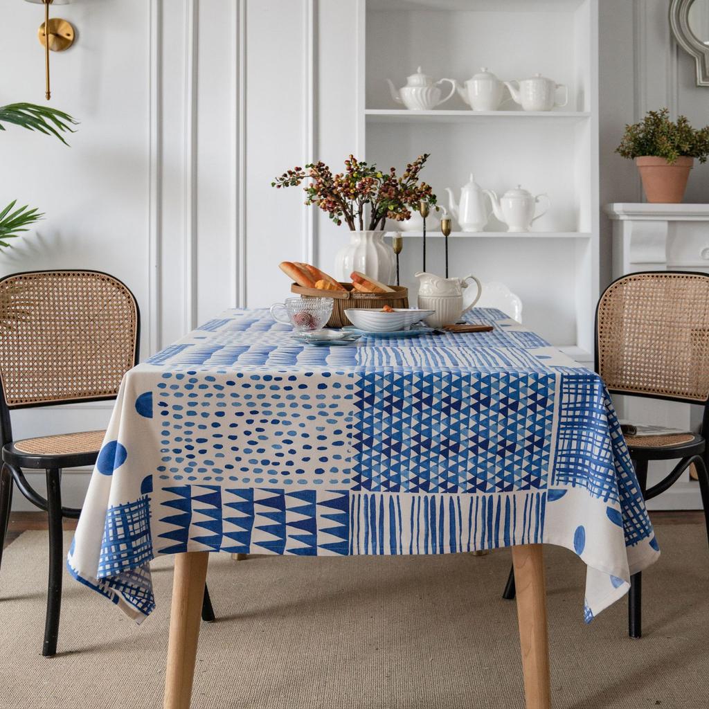 Tablecloth Blue Splicing Geometric Printing Simple Cotton and Linen Dining Table Cloth