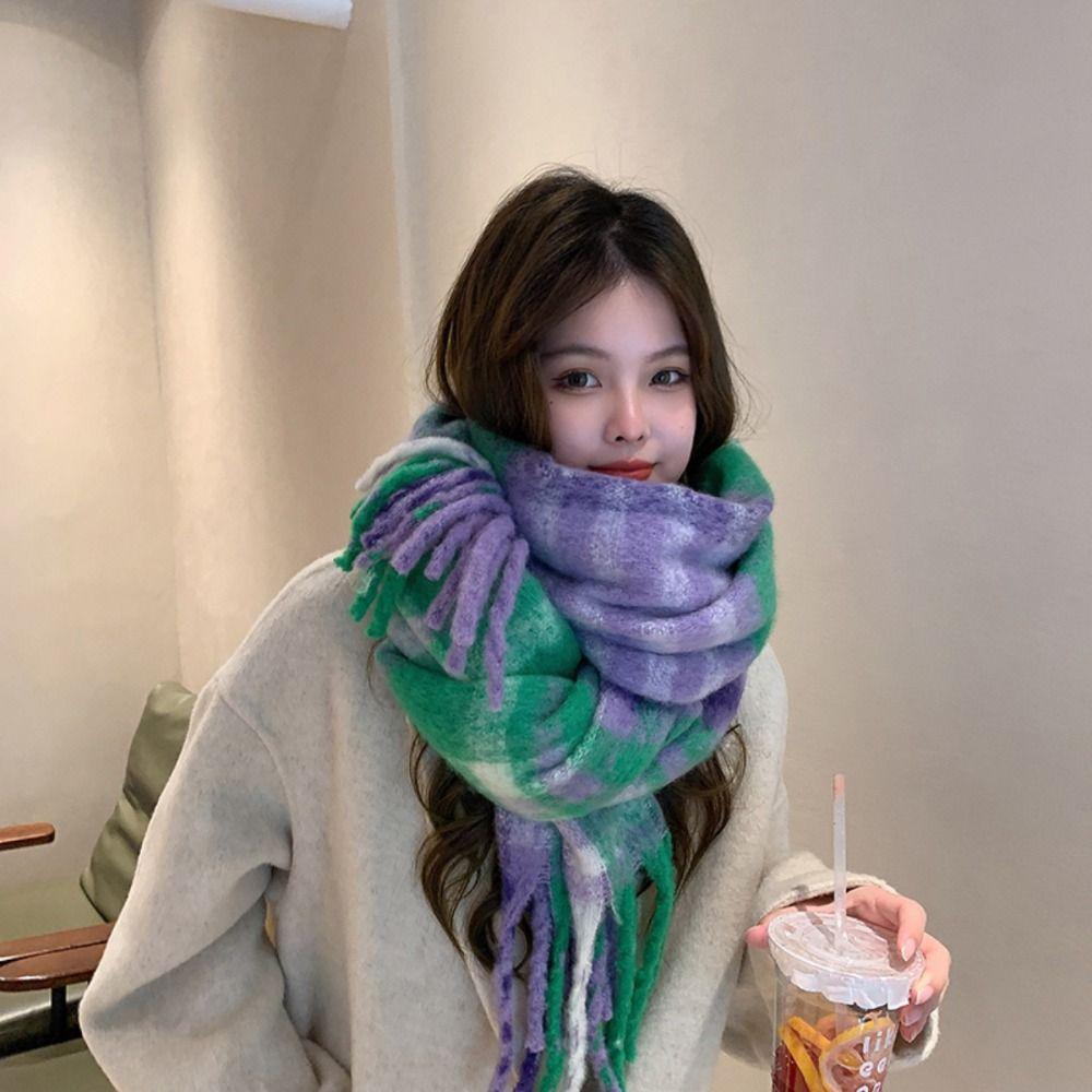 Радужный цвет Зимний мохеровый шарф Ветрозащитный Женский Шарфы-шали Новые Длинные Шарфы с кисточками
