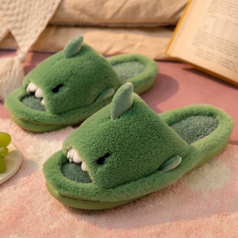 Autumn And Winter Cartoon Shark Wool Slippers For Women Soft Home Men's Indoor Household Open Toe Plush Cotton Slippers