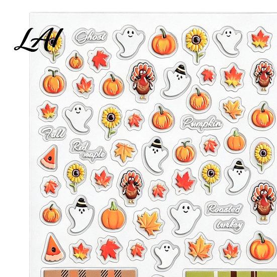 Fall Themed Nail Accessories Art Stickers for Halloween Thanksgiving Autumn Turkey Pumpkin Maple Wearable Manicure Leaf Sticker Embossed Waterproof