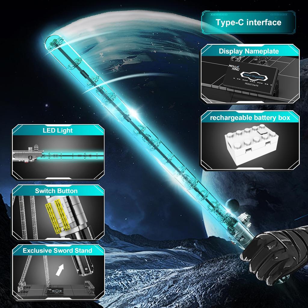 Mould King 10139 Lightsaber Sword Building Block Set with Stand, Rechargeable LED Light Sword for Adults and Kids, Birthday, Thanksgiving, Christmas,