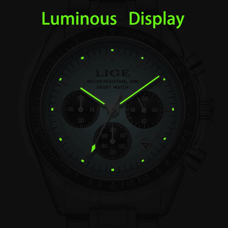 LIGE Fashion Men Watches Luminous Calendar Quartz Watch Mens Waterproof Stainless Steel Man Wristwatch Sport Business Male Clock