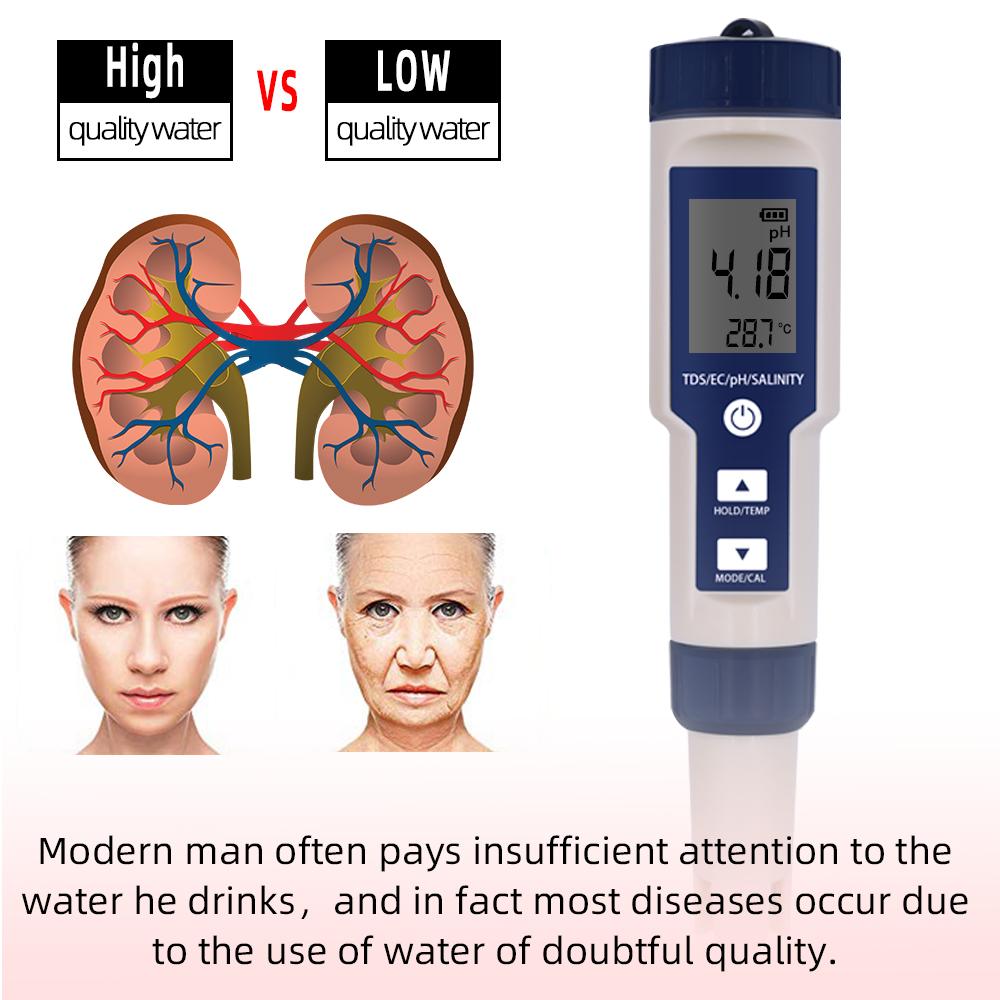 5 In 1 PH Meter Water Quality Tester Digital TDS EC PH Salinity Temperature Meter for Pools Aquariums Water With Backlight