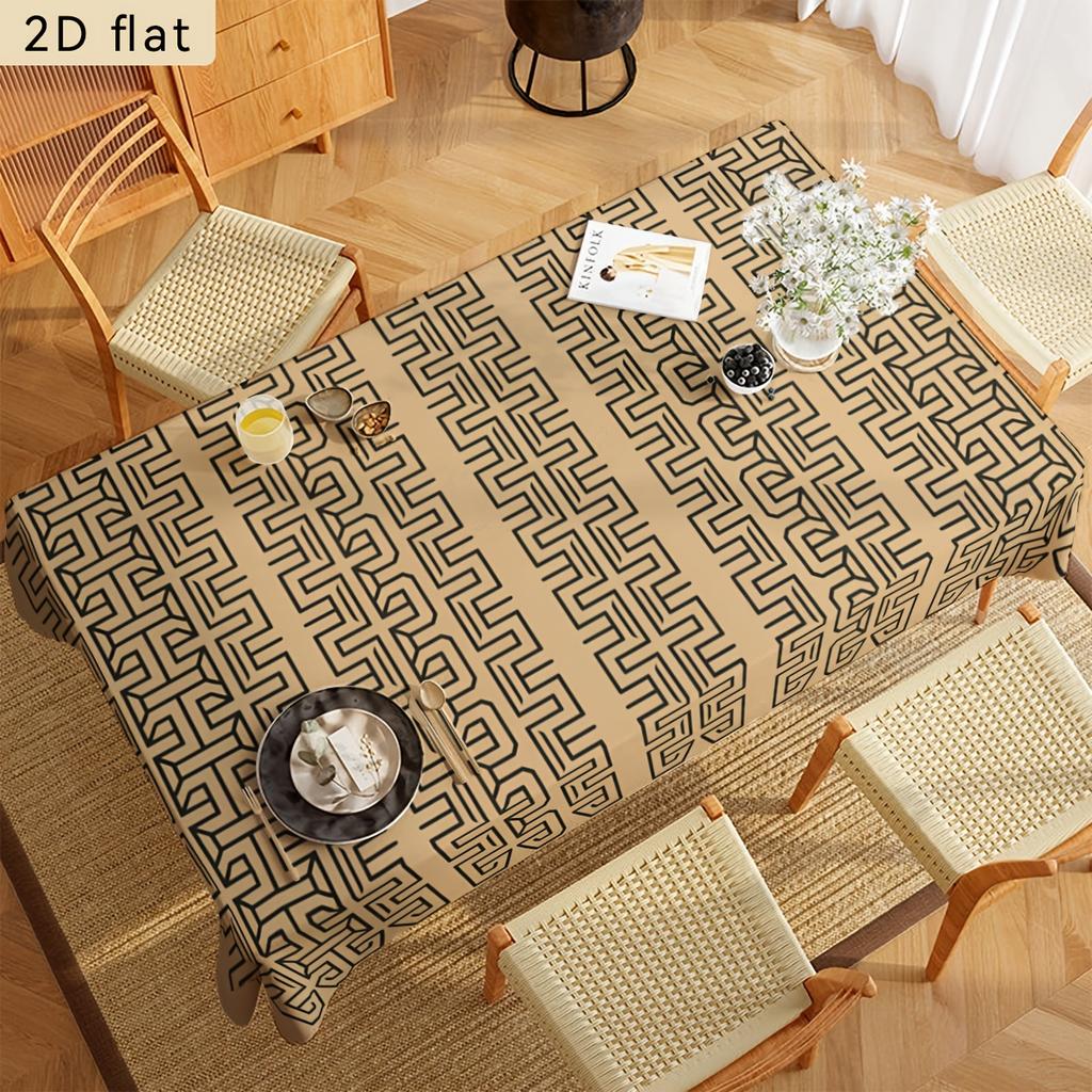 2D Flat Banner 1pc Beige Tribal Maze Vertical Stripe Tablecloth, 2D Flat Kitchen Restaurant Rectangular Table Decor, Suitable for Birthday Parties, Ou