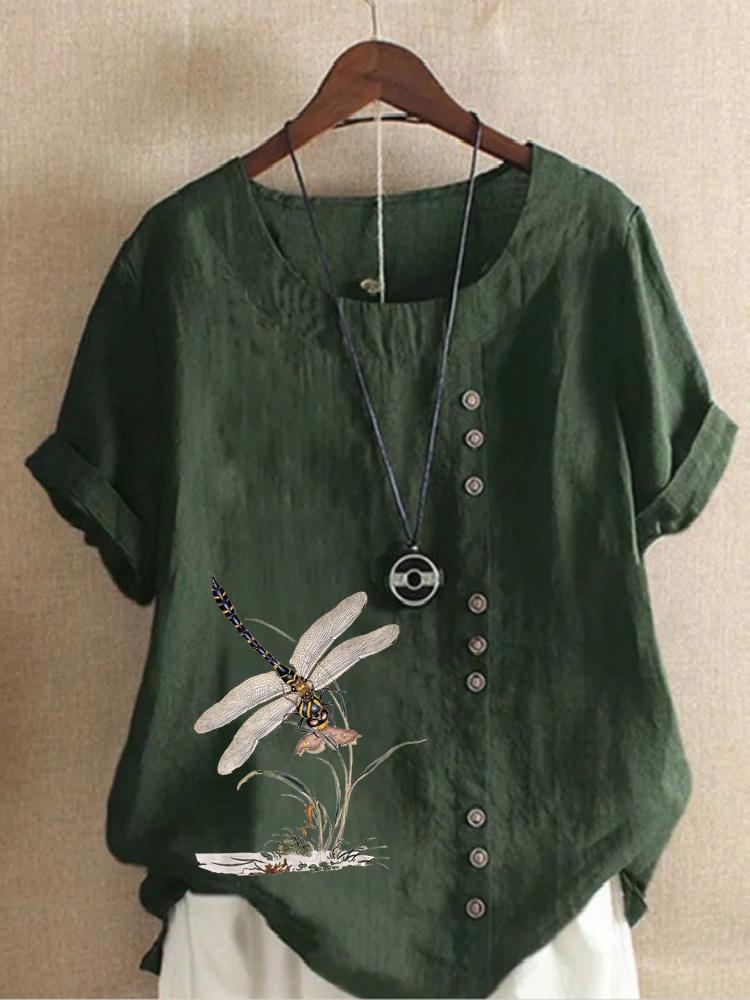 Летняя повседневная свободная футболка с принтом стрекозы в стиле ретро, женский топ из хлопка и льна с круглым вырезом размера плюс, XS-5XL
