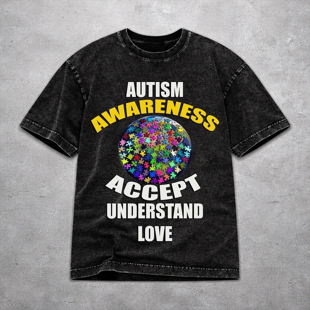 Hip Hop Autism Awareness Respect Love Support Outfit T-Shirts for Men Women Washed Cotton Tee Shirt Clothing