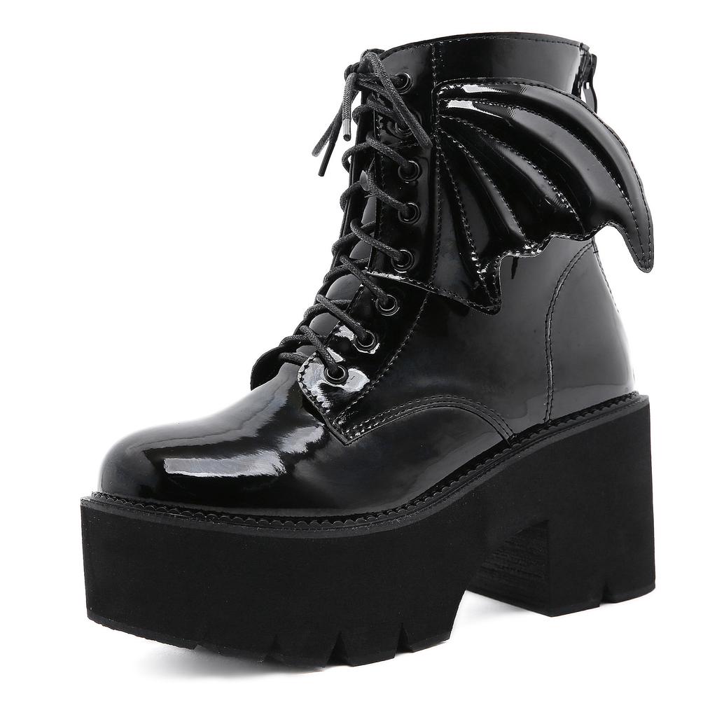 Women's Black Back Zipper Chunky Heel Boots Goth Style Lace Up Solid Color Platform Short Boots for Women Fashion Wing