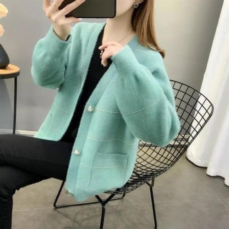 Женский вязаный кардиган из норкового флиса, осень-зима 2023, корейская версия, свободный свободный универсальный свитер с напуском, женское пальто-кардиган