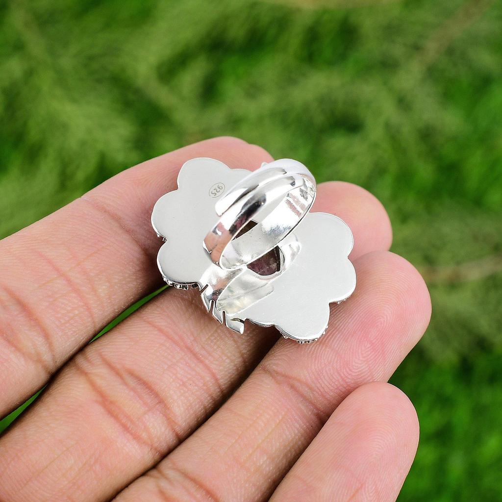 Gift For Her Natural Rhodonite Statement Flower Adjustable Ring 925 Silver