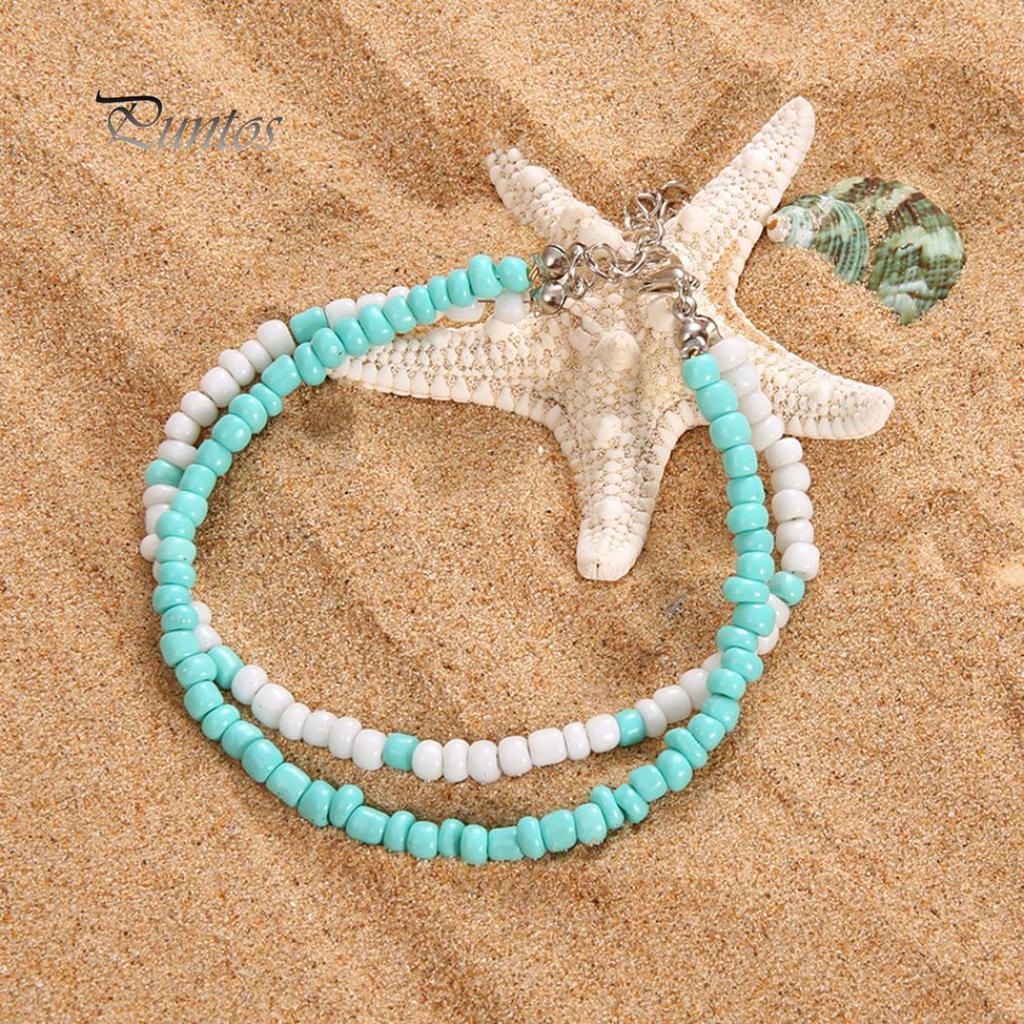 Lady Double Layers Beaded Barefoot Sandal Anklet Foot Chain Beach Ankle Bracelet