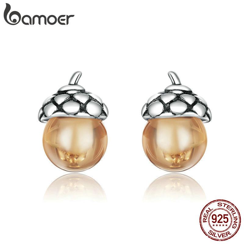 Bamoer Stud Earrings for Women 925 Sterling Silver Oxidized Silver Ear Studs Shining Acorns Engagement Statement Jewelry