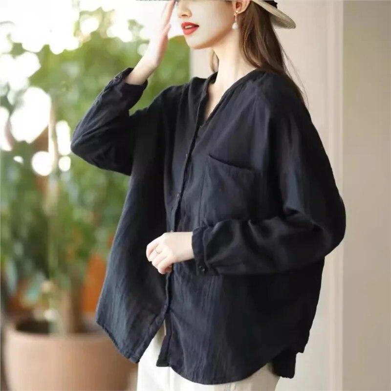 Johnature Женские винтажные двойные хлопковые рубашки с v-образным вырезом и длинными рукавами, однотонные мягкие блузки, весенние свободные рубашки
