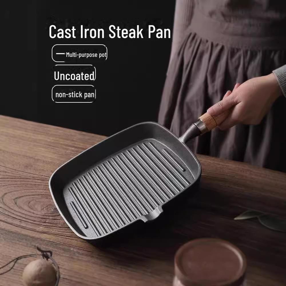 Cast Iron Steak Frying Pan with Wooden Handle, Uncoated and Thickened, Striped Surface.
