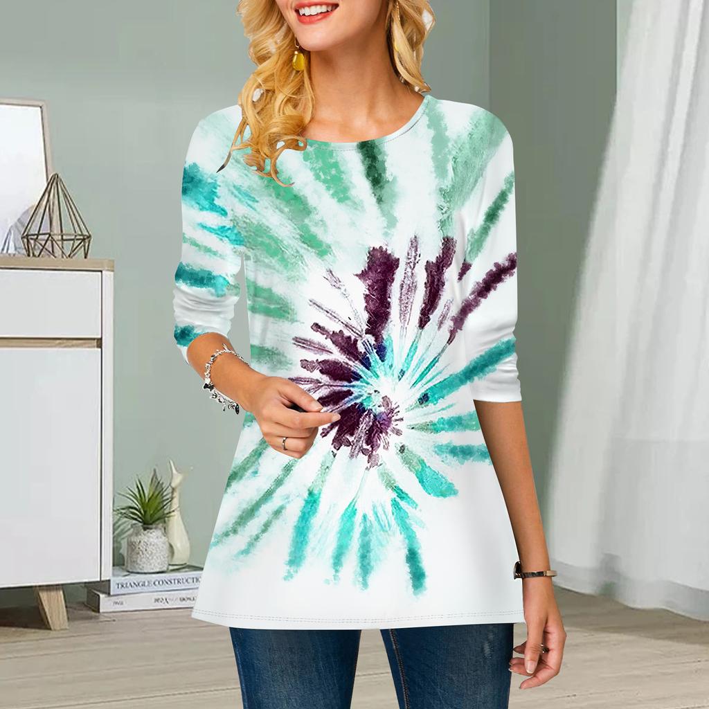Плюс Размер Женский Цветочный Tie-dye Принт Круглый Вырез Повседневный Свободный Длинный Рукав Топ