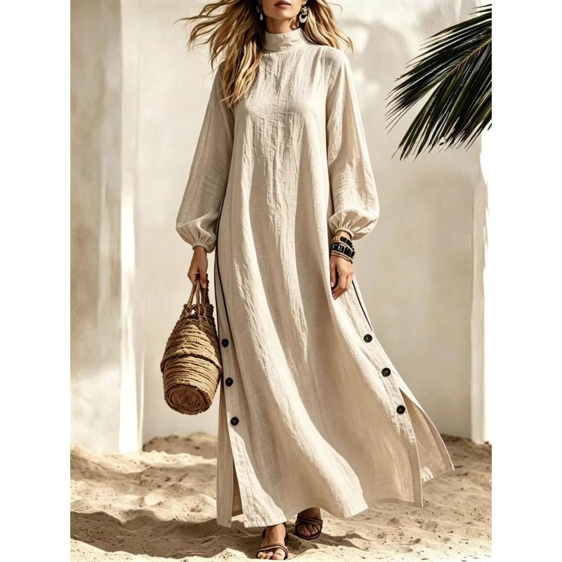 Half Turtleneck Long Dress Side Button Slit Loose Womens Fall Vacation