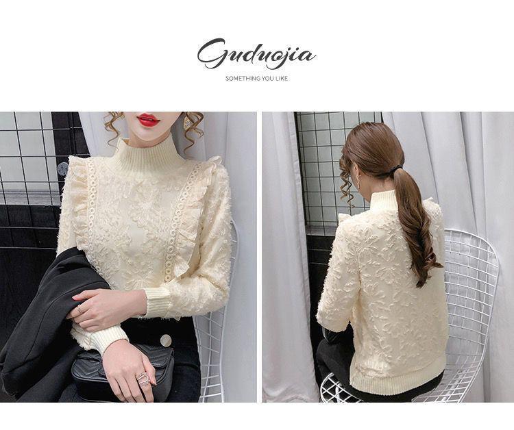 Elegant Velvet-Lined Lace Half-High Collar Shirt for Women - Autumn/Winter Collection