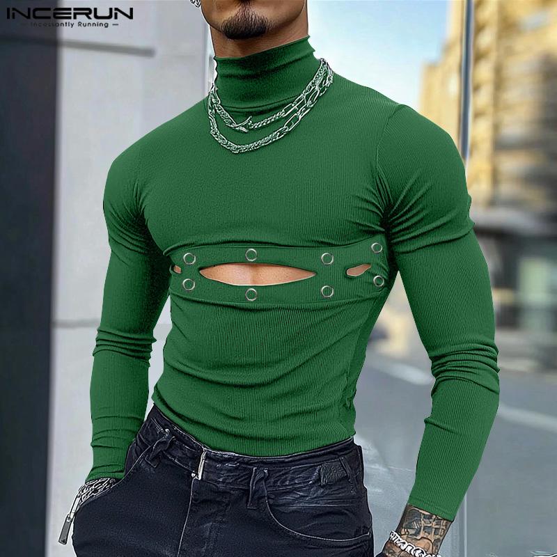 INCERUN Men Turtleneck Long Sleeve Hollow Tops Slim T-shirts