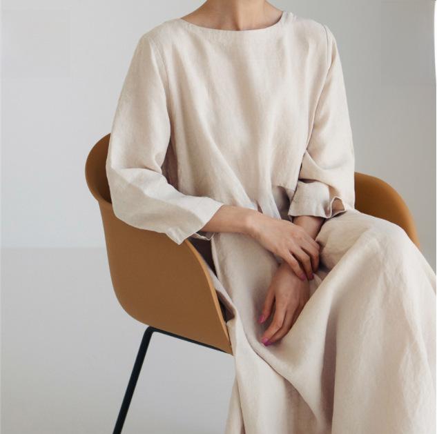 Платье большого размера из хлопка и льна свободного покроя в японском/корейском стиле, с круглым вырезом, длиной до колена, однотонное, юбка-лето