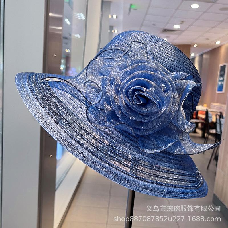 Hat women's summer mesh gauze hat woven single flower small fragrant wind sun hat travel sun hat ins wind organza hat