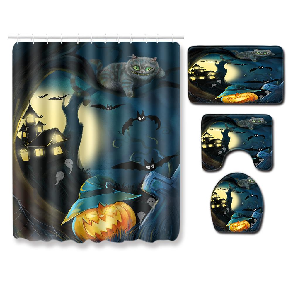 Halloween Shower Curtain Floor Mat Combination Four-Piece Set Bathroom Toilet Carpet Shower Room Foot Mat