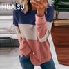 Women's Color Matching Color Blouse Off Shoulder Long Sleeve Casual Women's Loose Pullover Hoodie Woman