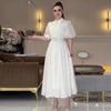 2024 Summer Women's Solid Puff Sleeve Waist-Tied Elegant Long Dress