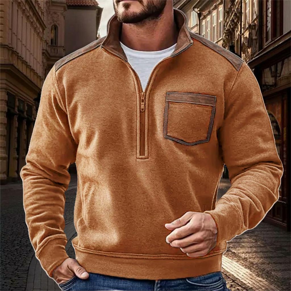 Mens Retro Fleece Sweatshirt With Pocket Color Block Slim Fit Long Sleeve Half Zip Pullover Shirt Trendy