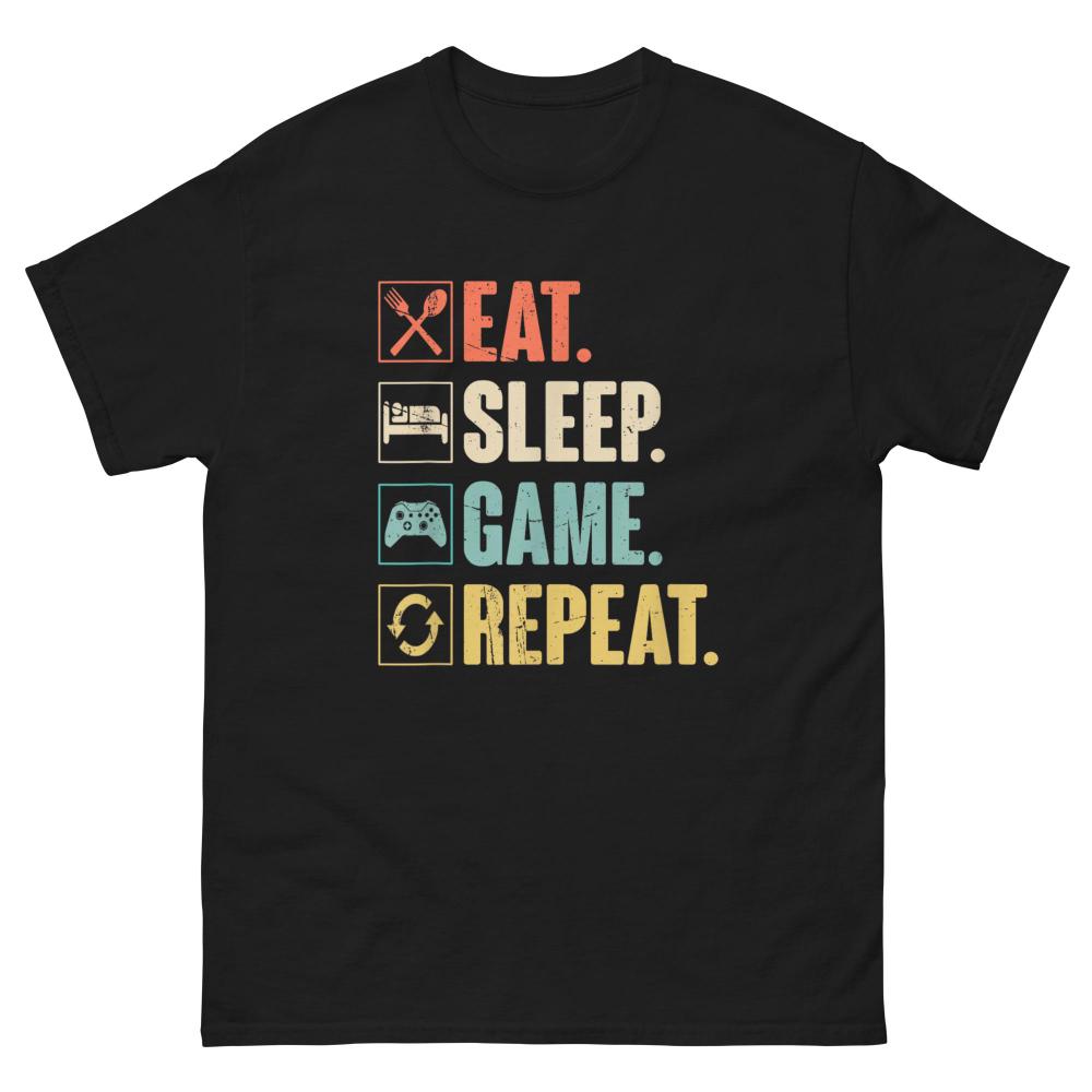 Игровая футболка EAT SLEEP GAME Repeat Tee Подарок фанату видеоигр Одежда Графическая футболка с коротким рукавом Унисекс Унисекс Женская Всесезонная