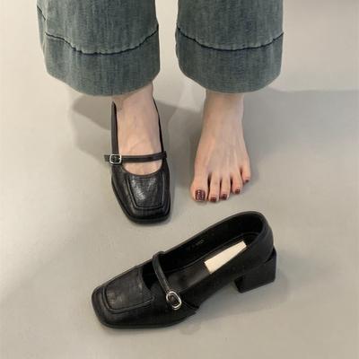 Ретро квадратный носок, туфли-лодочки с неглубоким вырезом, женские весенне-осенние новые с французским темпераментом, вечерний бриз на толстом каблуке Мэри Джейн