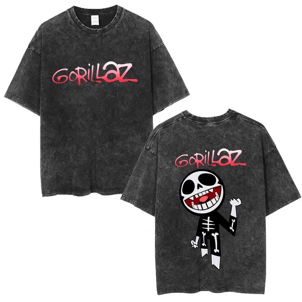 British Classic Virtual Band Gorillaz Poster Tshirt Men Women Streetwear Hip Hop Vintage Washed Cotton Top Oversized Summer Tee
