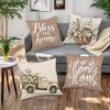 Rustic Charm Throw Pillow Cover: Cotton Flowers, Vintage Truck and Home Blessing Words, Sofa Cushion Cover, Bedroom Room Decor