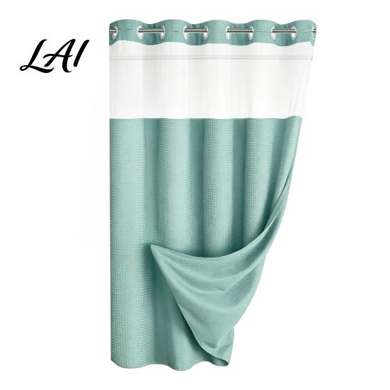 Heavy Duty Waterproof Shower Curtain No Hook Curtain with Snap-on Liner Easy Installation Mesh Top Machine Washable Divider for Bathroom