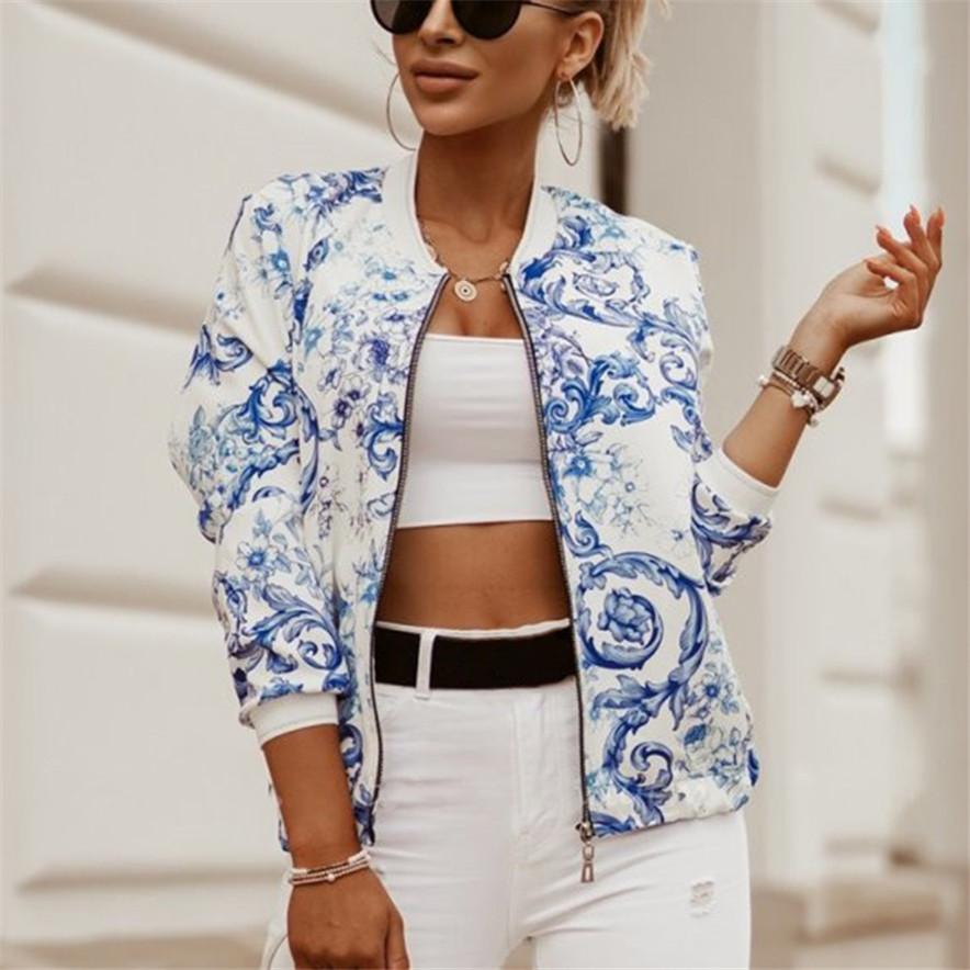 Women's Trendy Short Jacket Floral Print Bomber Jacket Casual Zipper Slim Fit Streetwear