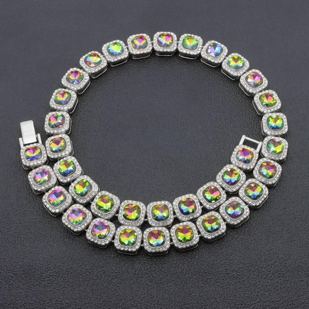 HY Manufacturer Alloy 12mm Colorful Diamond Ice Sugar Square Diamond Box Chain Hip Hop Rap Accessories Unisex