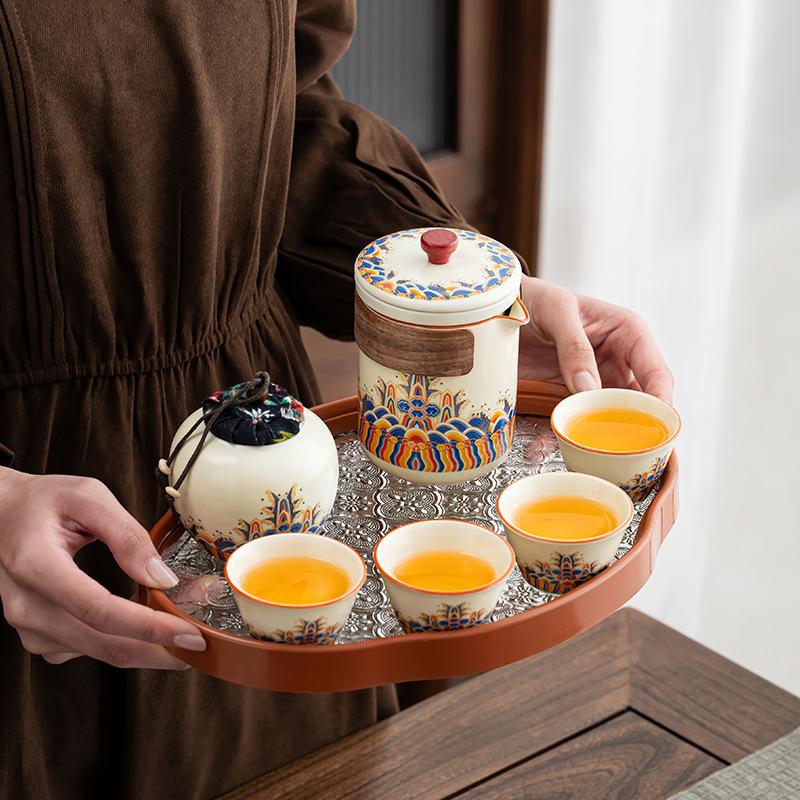 Light luxury household tea set retro set travel high-end Ru kiln waves ancient rhyme express tea set gifts