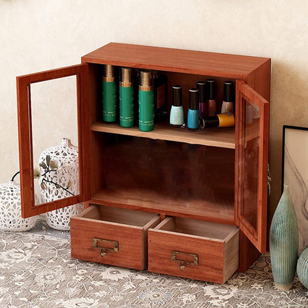 Деревянный настольный шкаф для хранения с двойной дверцей и ящиками, прозрачная текстура, ретро деревянная шкатулка для драгоценностей для духов, чашек
